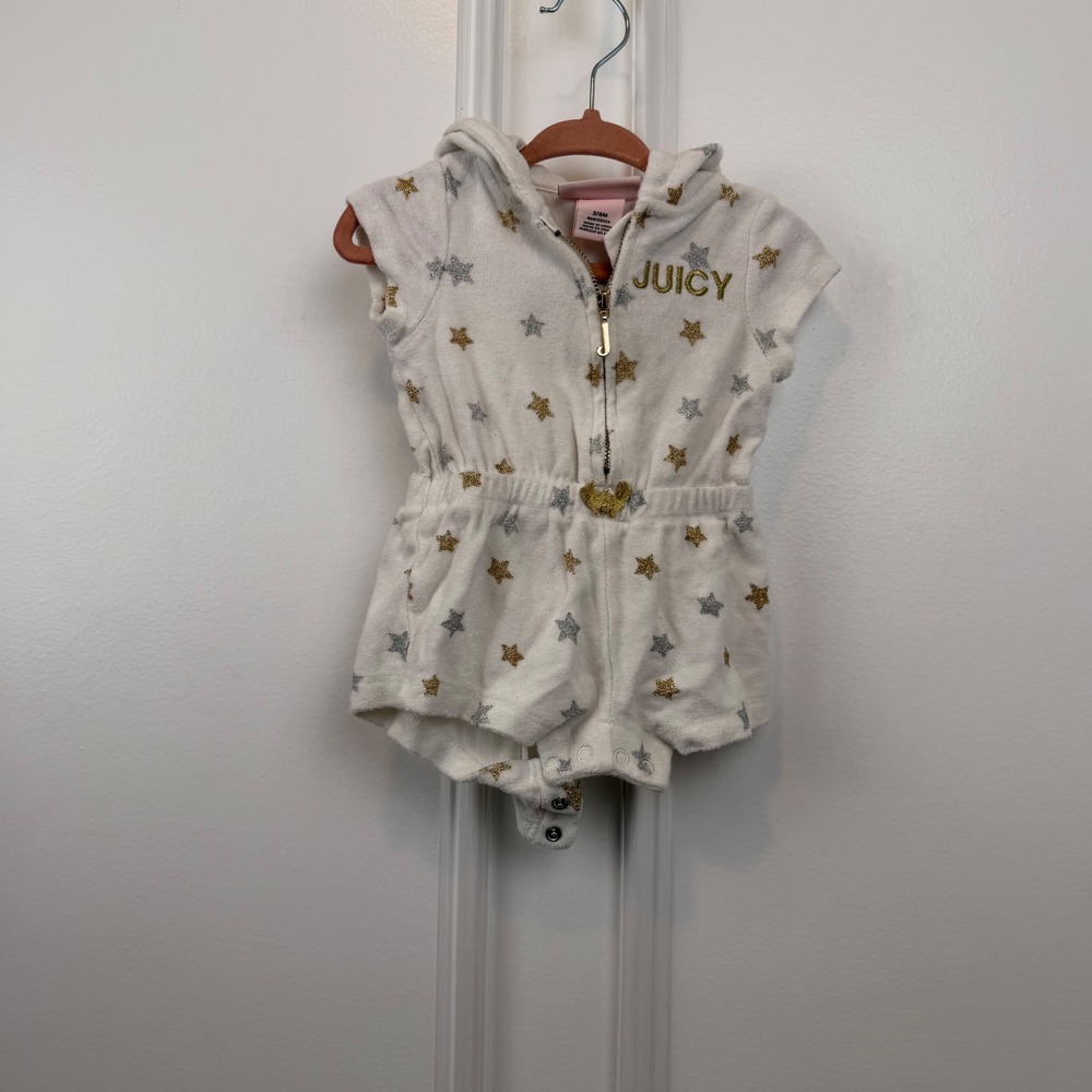 Juicy Couture Baby Girls White Terry Cloth‎ Star Print Hooded Romper 3/6M